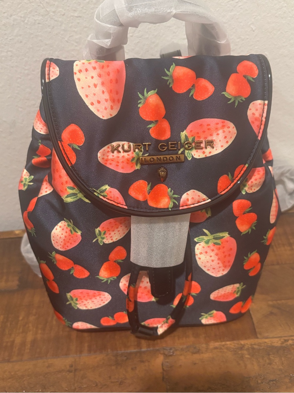 Kurt Geiger Navy Backpack with Red Strawberry Print - Picture 3 of 10